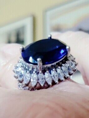 Lab Grown Blue Sapphire Oval Halo Ring East-West Princess Diana Sz 7 Sterling